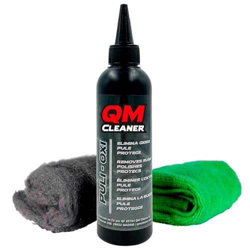 QM Cleaner Kit Puli-Oxi | Pulimento, Eliminador de manchas de Óxido, Limpiador de Cromados, reparador micro arañazos coche - Incluye Lana Acero 000 + Paño Microfibra