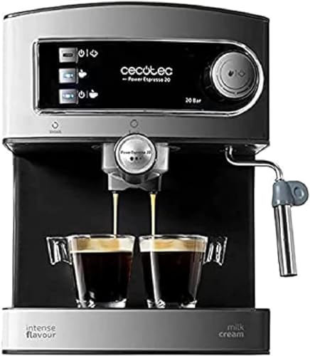 Cecotec Cafetera Express Manual Power Espresso 20. 850 W, Presión 20 Bares, Depósito de 1,6L, Brazo Doble Salida, Vaporizador, Superficie Calientatazas, Acabados en Acero Inoxidable