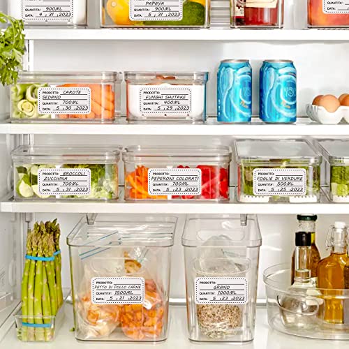 864 etiquetas congeladoras adhesivas para alimentos en congelador, etiquetas de alimentos en recipientes impresos con producto cantidad de fecha