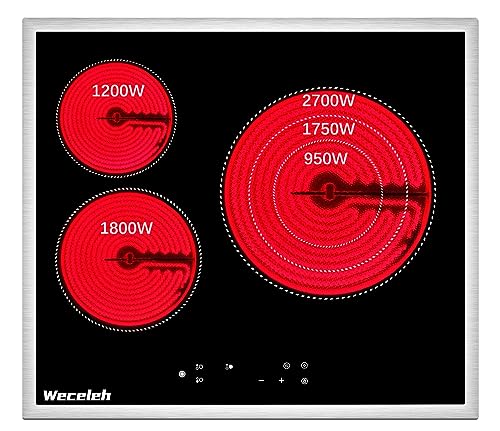 Weceleh Vitrocerámica de 60 cm de cristal, 3 placas con marco de acero inoxidable, 5700 W, seguridad infantil, sensor táctil, 220-240 V, negro (sin enchufe)