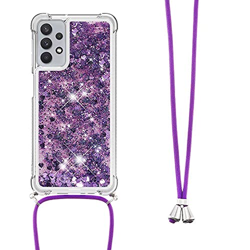 Funda cruzada para iPhone 14 Pro con cordón ajustable cuerda desmontable, purpurina líquida flotante con cordón de arena movediza, funda de silicona delgada para teléfono púrpura